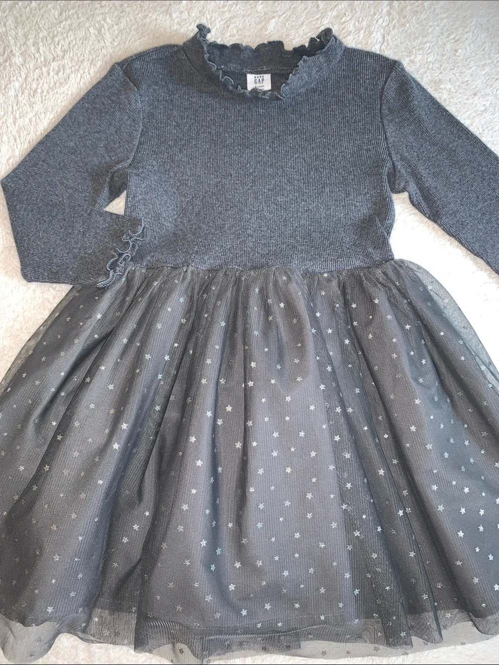 Gap Gray Tulle Stars Dress 3 Long Sleeves EUC
